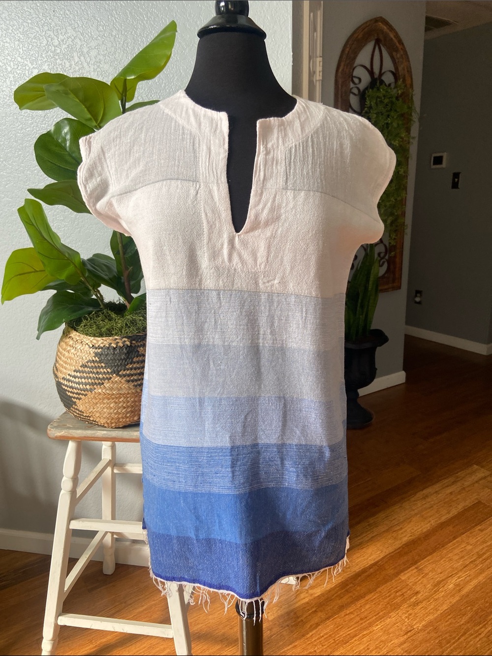 Lemlem Blue & Cream Striped  Beach Cover up Mini Shift Dress